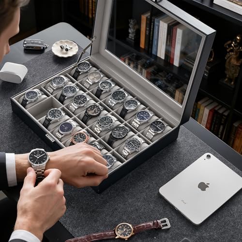 ProCase Watch Case for Men, 21 Slot Mens Watch Box Holder Organizer with Glass Lid, Watch Display Case, Fathers Day Gift for Dad Husband, Birthday Valentine Gifts for Men Women -21 Slot, Black - Image 5