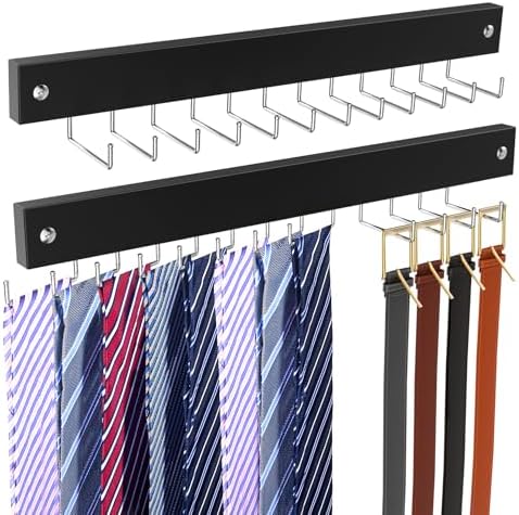 2 Pack Belt Hanger Wall Mount, Large Capacity Tie and Belt Organizer for Wall with 24 180°Rotating Non Slip Hooks, Heavy-Duty Wooden Tie Rack Space Saving Closet Organizers and Storage, Black by OTECKK