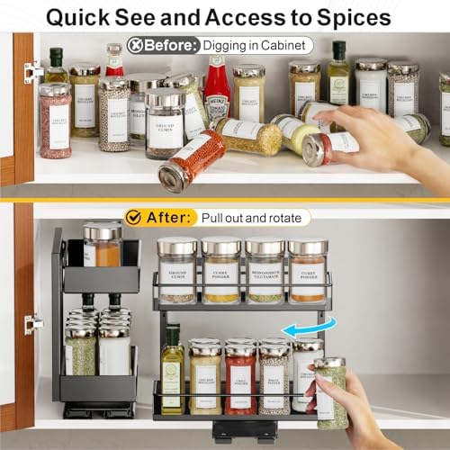 iSPECLE Vertical Spice Rack Pull Out - 1 Pack Rotate No-Drill Slide Out Spice Rack for Cabinet Swivel Easy Access Spices, Adjust Height for 4oz to 8oz Spice Jars Inside Kitchen Pantry Cabinet, Black - Image 3