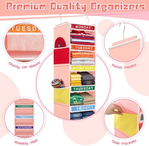 Amylove 2 Pcs 7 Shelf Weekly Clothes Organizer for Kids Hanging Closet Organizer 11. 8 x 11. 8 x 50 Inch Daily Activity Kids Clothes Storage Drawers Cube Drawers Closet Hanging Shelves(Orange Pink) - Image 3