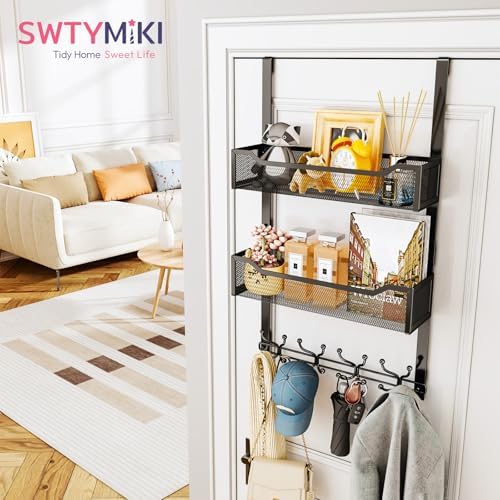 SWTYMIKI Over The Door Hooks Organizer - Multi-Functional Door Hanger with 16 Hooks & 2 Mesh Baskets, Long Coat Rack for Bathroom, Bedroom, Living Room, Home Storage Organizer, Black - Image 3