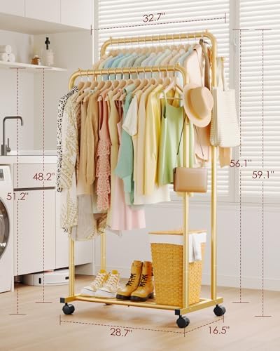 Sakugi Double Rod Clothes Rack Mesh Shelf & Hooks, 28.7x16.5x59.1, Gold - Image 2