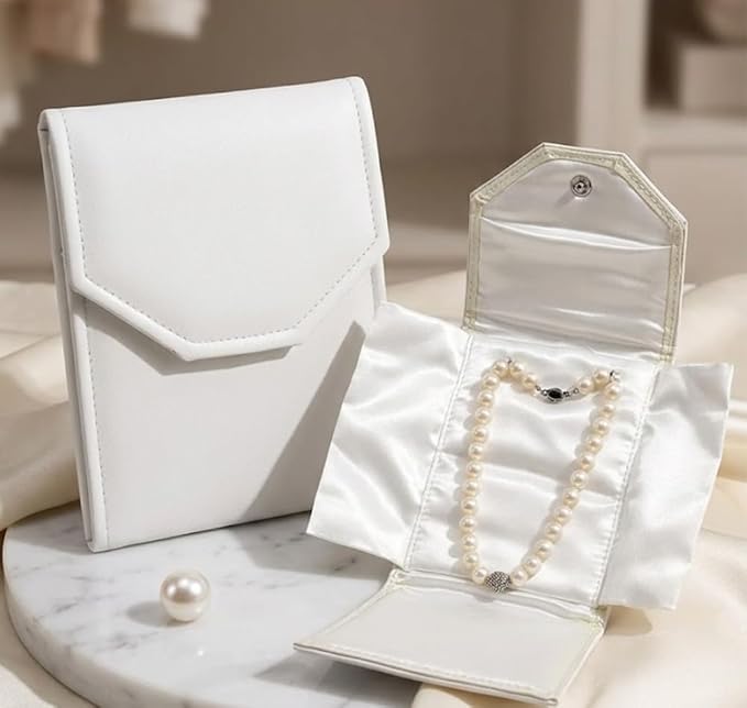 Novel Box Necklace Display Pearl Folder 8x6 inch Large Travel Jewelry Case - Wedding Jewelry Storage Holder with Smooth Finish - Jewelry Organizer Necklace Box - White/White Stitched