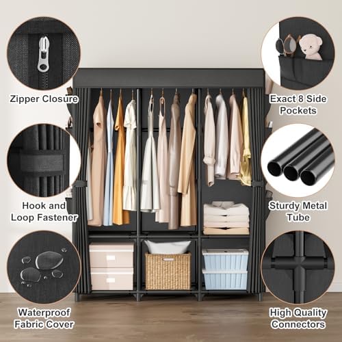 Wardrobe Closet, Portable Closets for Hanging Clothes 19mm Steel Tube Portable Wardrobe Closet for Bedroom, Clothes Rack with Cover, 3 Hanging Rod, 6 Storage Shelves and Side Pocket - Image 5