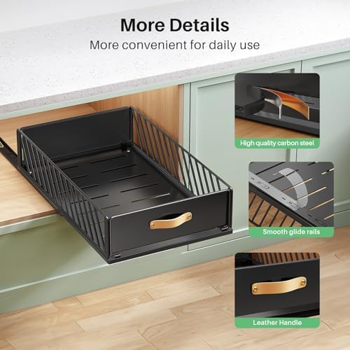 Pull out Cabinet Organizer,Heavy Duty Slide out Pantry Shelves Drawer Storage with Adhesive Nano Film,Sliding Mesh Cabinet Basket with Handle for Kitchen, Bathroom, Home, 15.8"W X 21"D X6.2"H,Black - Image 7
