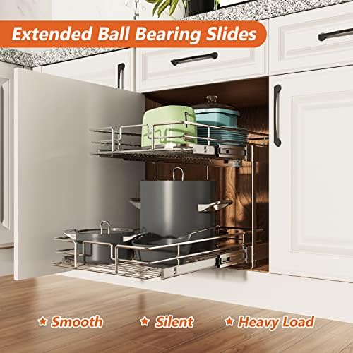 ROOMTEC Individual Pull Out Cabinet Organizer (17" W x 21" D), 2 Tier Spice Rack Organizer for Cabinet, Slide Out Drawer Pantry Shelf Organization and Storage for Kitchen Bathroom - Image 2