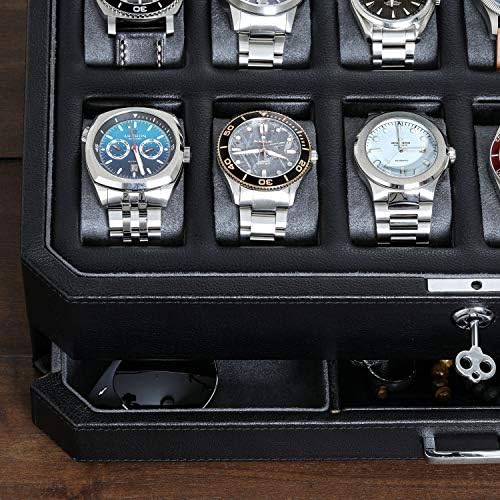 ROTHWELL 12 Slot Leather Watch Box with Valet Drawer - Luxury Watch and Jewelry Case Display Organizer, Microsuede liner, Mens Locking Storage Holder Large Glass Top (Black/Grey) - Image 6