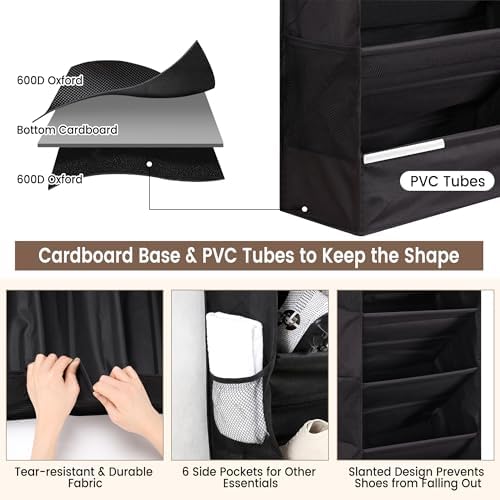 7 Tier Over the Door Shoe Organizer, Hanging Shoe Rack for Closet with Dustproof Mesh Curtain & 6 Side Pockets, Behind the Door Narrow Shoe Holder Hanger for Sneakers, Boots (Black) - Image 3