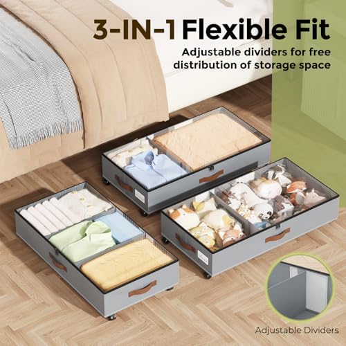 LAMU Under Bed Storage with Wheels, 2 Pack Under Bed Storage Containers with Clear Lids & Label, Rolling Under Bed Drawers for Clothes, Shoes, Blankets, Grey - Image 3