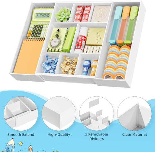 Marbrasse Expandable Desk Drawer Organizer, Clear Plastic Drawer Organizer Tray with 10 Adjustable Compartments, Desk Organizers and Accessories, 5 Drawer Dividers for Office Supplies, Makeup(White) - Image 7