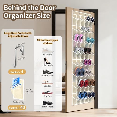 Over the Door Shoe Organizer with 40 Large Pockets, Multi-Purpose Storage for Shoe and Accessories, Durable Fabric with Adjustable Hooks for Home Closet Bedroom Entryway -Beige - Image 2