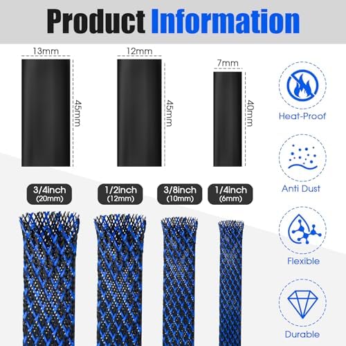 Tatuo 65.6 ft Braided Cable Sleeve Expandable Wire Sheathing(Blue, Black) - Image 2