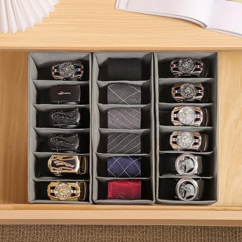 3 Packs Fabric Belt Organizer for Closet and Drawer, Foldable 6 Grids Dresser Drawer Organizers, Belt Tie Holder, Tie Box-Grey - Image 7