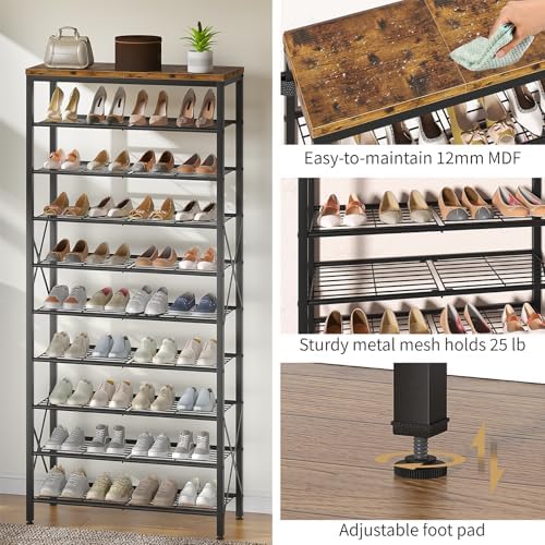 10-Tier Shoe Rack Holds 40 Pairs, Space Saving Shoe Organizer for Entryway Closet Apartment, Industrial Metal Shoe Shelf with Wooden Top, Rustic Brown - Image 6