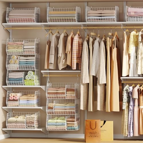 3 Tier Extra Large Closet Hanging Shelves with Divider, 16.5"L x 11.8"W x 33.6"H Closets Organizers and Storage with 5 S Hooks, Clothes Organizer for Sweaters Shoes Handbags Clutches Accessories-White - Image 4
