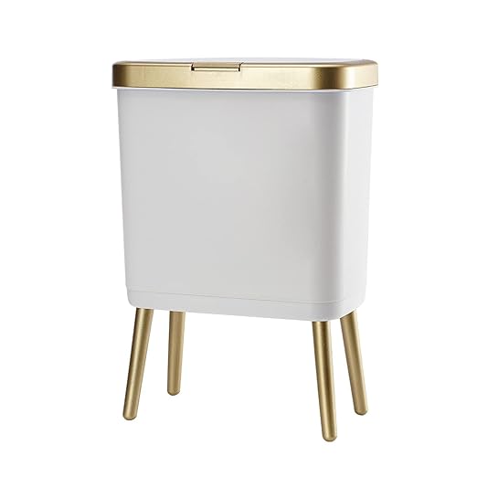 Procade Bathroom Trash Can with Lid, Plastic Garbage Can with Legs, 4 Gallon Gold Trash Bin with Push Button, Narrow White Trash Can Waste Basket for Bedroom, Living Room,Office，Dog Proof Trash Bin