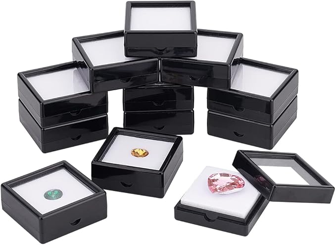 BENECREAT 12PCS Black Gemstone Display Box, Square Acrylic Diamond Jewellery Tray Box Container with Clear Lids and Sponge for Gems, Stone, Pendants, Crystal