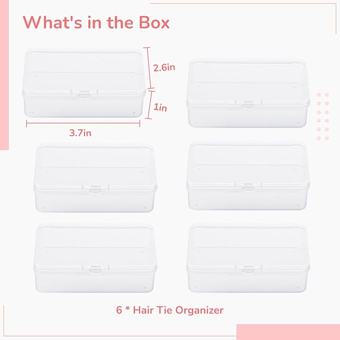 BATTIPAW 6PCS Hair Tie Organizer,Transparent Mini Storage Box,Rectangle Clear Plastic Beads Storage Containers Box,Portable Small Items Holder with Lid for Home, Offices, Business Trips, Travels