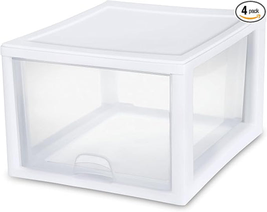 Sterilite 4-Pack Stacking Drawer, Clear Storage Organizer Containers, 27 Quart, White Frame - Stackable and Modular Plastic Drawers for Shoes, Clothes, Accessories, Supplies, Bedding, and Linens