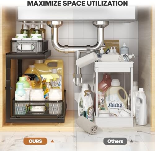 1 Pack-16"D Under Sink Storage Organizer with 2-Tier Slide Out Drawer, Sophisticated Mesh Pull Out Shelf for Kitchen & Bathroom, Fits Small Items, Upgraded Arched Track for Smooth Gliding-Black - Image 5