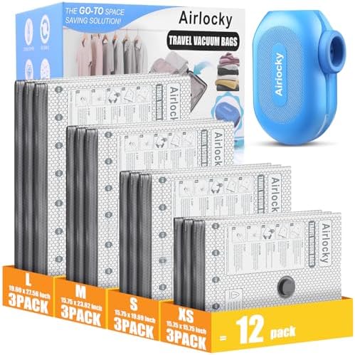 Travel Vacuum Bags with Rechargeable Pump, 0012 Pack Compression Packing Bags with 35KPA Electric Pump, 90% Space Saver for Clothes, Vacuum Seal Bags fo Carry-on Luggage Suitcase by Unknown