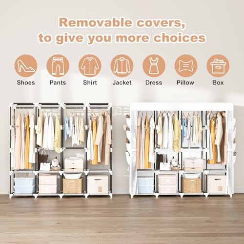 Portable Closet for Hanging Clothes, 67 Inch Wide Portable Wardrobe Closet with Cover, 4 Hanging Rod, Storage Shelves and Side Pockets, Large Free Standing Closet for Bedroom, White - Image 5