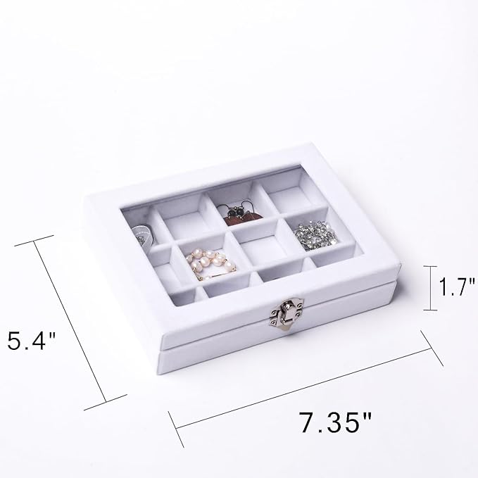 Frebeauty Jewelry Organizer Tray with Clear Lid 12 Grid Velvet Drawer Insert Jewelry Box with Transparent lid Jewelry Display Case Store Showcase Jewelry Box Gift for Women(White,12 Grid)