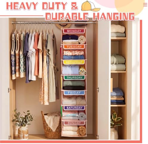 Amylove 2 Pcs 7 Shelf Weekly Clothes Organizer for Kids Hanging Closet Organizer 11. 8 x 11. 8 x 50 Inch Daily Activity Kids Clothes Storage Drawers Cube Drawers Closet Hanging Shelves(Orange Pink) - Image 5