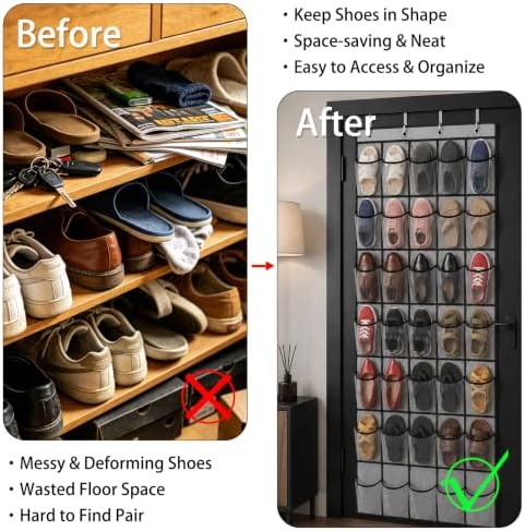 35 Pockets Over The Door Shoe Organizer, Large Breathable Mesh Hanging Shoe Rack with 4 Metal Hooks, Space Saving Gray Over Door Shoe Storage Holder Mesh Bag for Closet Entryway Bedroom Pantry - Image 6