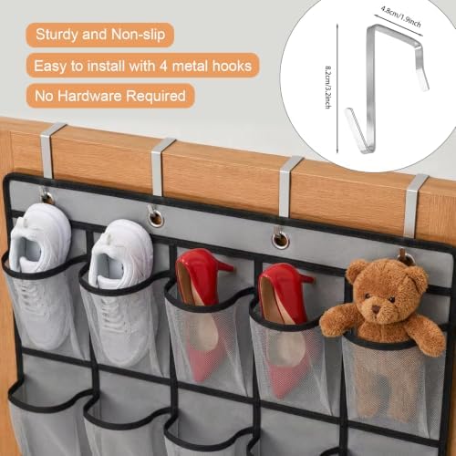 35 Pockets Over The Door Shoe Organizer, Large Breathable Mesh Hanging Shoe Rack with 4 Metal Hooks, Space Saving Gray Over Door Shoe Storage Holder Mesh Bag for Closet Entryway Bedroom Pantry - Image 5