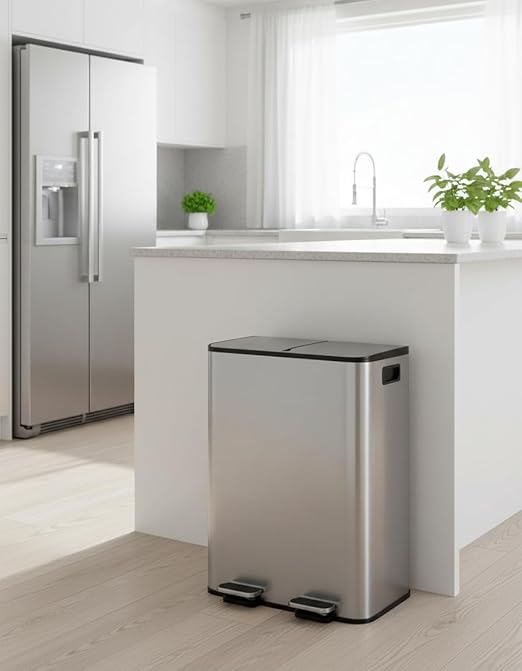 GarveeHome 2 x 8 gal Stainless Steel Double Trash Can with Lid for Kitchen, Large Dual Trash and Recycle Bin Combo, Step-on Kitchen Metal Garbage Cans, PP Inner Buckets, Liner Rim