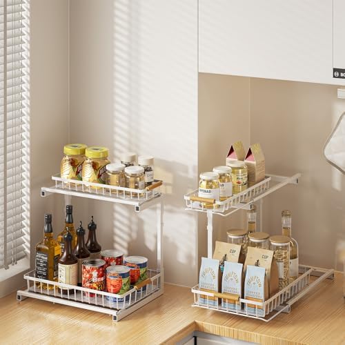 Delamu Under Sink Organizer 2 Pack, Pull Out Cabinet Organizer for Kitchen Sink, 2 Tier Metal Slide Out Shelf Caddy for Bathroom Storage, 5 Adjustable Heights for Pantry & Laundry Room, Cream - Image 6