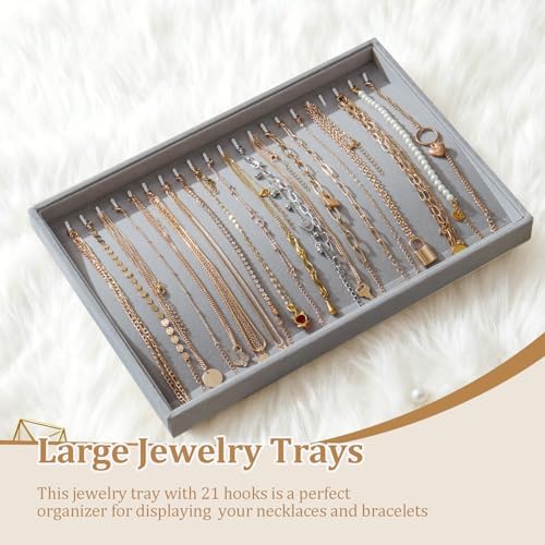 Large Jewelry Organizer for Drawer Insert Velvet Stackable Jewelry Trays for Earring Necklace Bracelet Ring Display (Gray, 20 Hooks) - Image 2