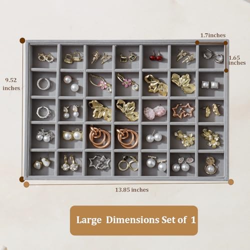 Large Jewelry Organizer for Drawer Insert Velvet Stackable Jewelry Trays for Earring Necklace Bracelet Ring Display (Gray, 35 Grids) - Image 3