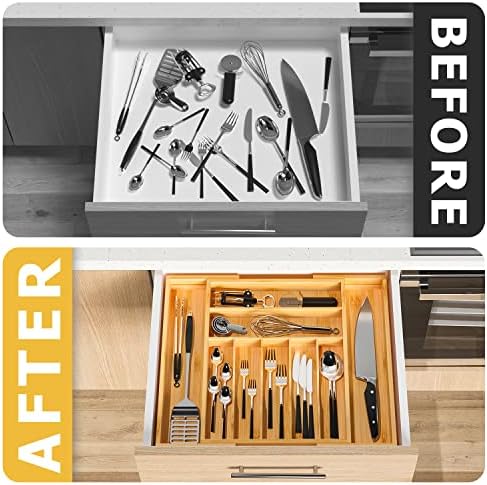Utensil Organizer Silverware Tray For Drawer - Expandable Silverware Organizer Bamboo Flatware Organizer for Kitchen Utensils and Cutlery, Living Room Storage Box W13.5"-19.9" x L17.6" (Yellow) - Image 3