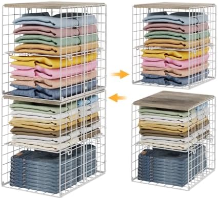 Hencawima 2 Pack Stackable Closet Storage Bins with Removable Divider, Wire Storage Baskets with Wooden Top for Clothes, Towels, Blankets, Closet Shelves, Bedroom, Pantry & Laundry Room by Hencawima