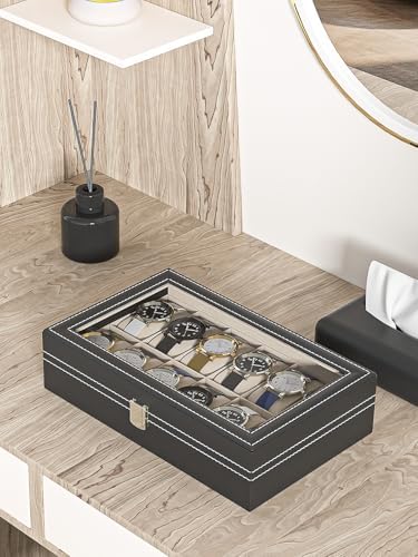 Watch Display Case For Men,Leather Watch Organizer Box,Watch Collection Storge Holder For Women,Watch Travel Organizer Tray (Black Leather, 12 slots), QF004 - Image 4