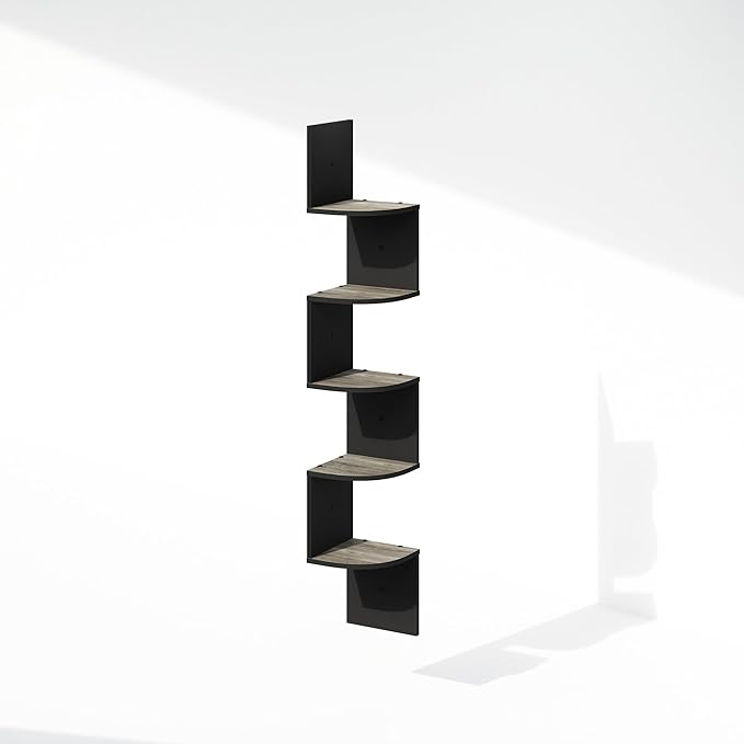Furinno Rossi 5-Tier Floating Corner Shelf for Wall, Corner Zigzag Shelf Wall Mounted, Radial Wall Mount Shelves, for Home Office, Living Room, Bedroom, Bathroom, French Oak