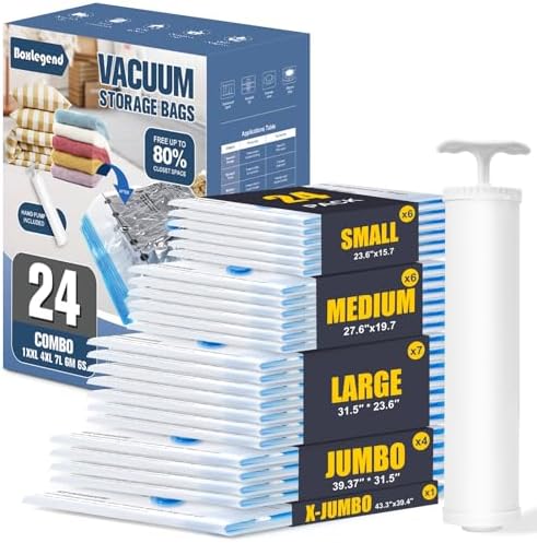 BoxLegend Vacuum Storage Bags with Large Hand Pump 24 Combo (1X-Jumbo, 4 Jumbo, 7 Large, 6 Medium, 6 Small) Thickened Vacuum Seal Bags for Clothing Blanket Pillow Comforters Bedding Quilt Coat by BoxLegend