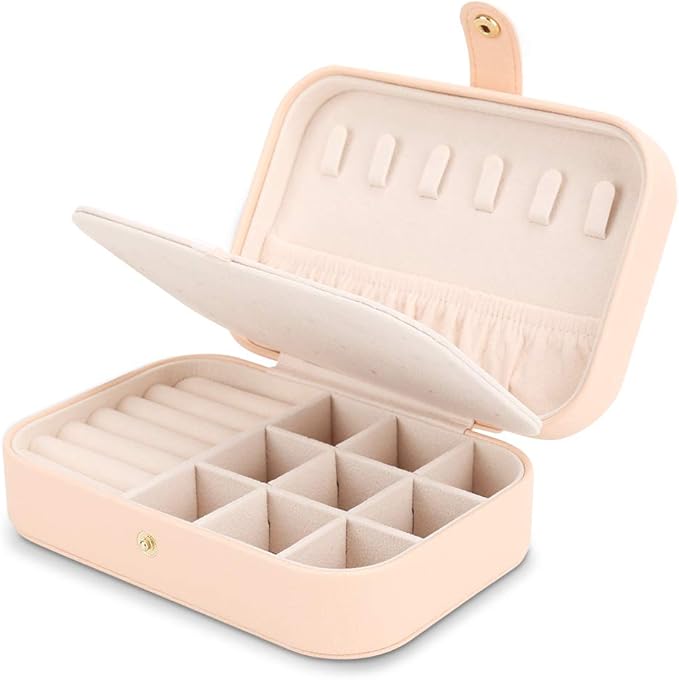 FEISCON Travel Jewelry Case Jewelry Organizer Box with Two Layer Portable Small Jewelry Storage Case Accessories Holder/Pink