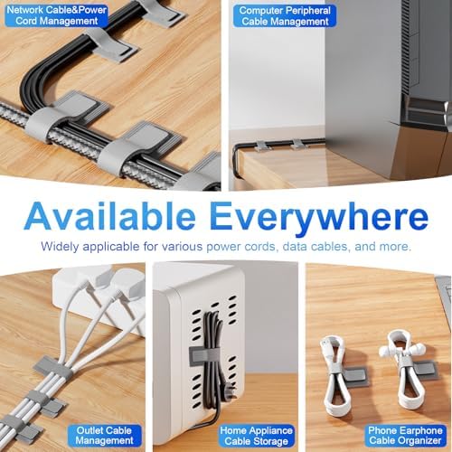 80 PCS Hook and Loop Cable Ties, Self Adhesive Cable Management Straps, Reusable Cord and Wire Organizer Clips for Under Desk, Computer, TV, Gaming Setup, Home Office and Kitchen, Gray - Image 7