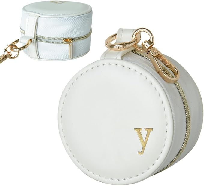 COLLECTIVE HOME - Monogrammed Letter Jewelry Case, Portable Travel Ring Holder Box with Keychain, Personalized Initial Organizer for Earrings Necklaces, Gift for Her (White-y)