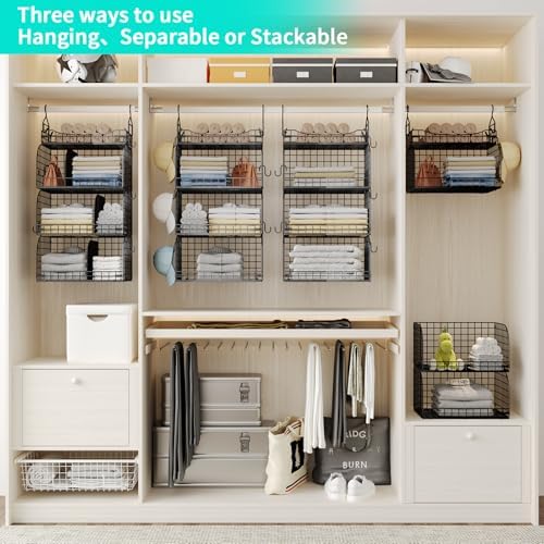 HapiRm Hanging Closet Organizer Storage - 4 Tier Metal Stackable Hanging Closet Shelves with Dividers and S Hooks, Foldable Clothes Shelves for Clothes, Pants, Shoes, Coat, Hats Clutches Accessories - Image 2