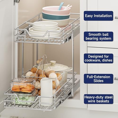2-Tier Pull Out Cabinet Organizer, 10.5" W x 21.5" D, Heavy Duty Dual Slide Out Shelves for Narrow Base Cabinets, Chrome Wire Basket Drawer for Spices, Bottles & Snacks - Image 4