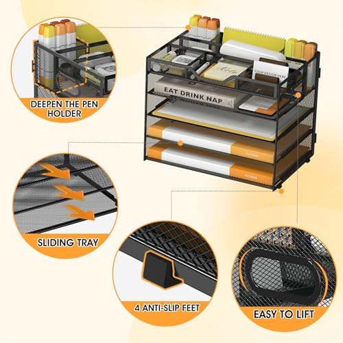 5 Tier Paper Letter Tray Desk Organizer with Pen Holders - Black - Image 4