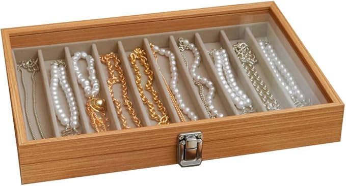 Glass Lid Necklace Organizer Box Transparent Necklace Holder Organizer Velvet Necklace Display Box Clear Lid Jewelry Storage Stackable Necklace Display Case for Women Girls (Style A)