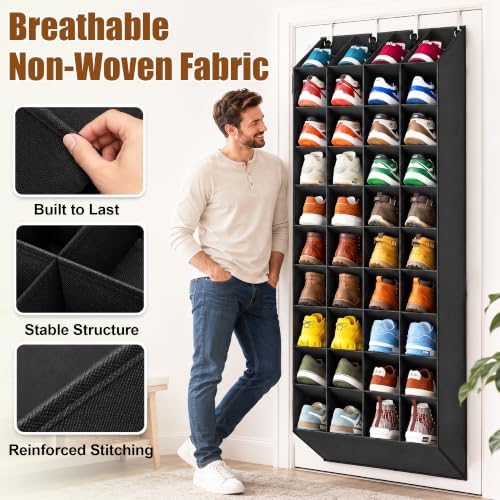 UVIAHOMI 30-40 Pairs Over the Door Shoe Organizer, 40 Breathable Pockets Hanging Shoe Storage for Closet, 10-Tier Door Shoes Rack, Handing Shoes Holder Fit All Family's Sneakers, Boots (Black) - Image 3