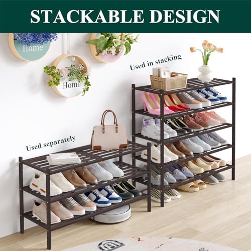 Smiry Bamboo Shoe Rack, 5 Horizontal Slats, 2 Tier - 33.9" Wide, Brown - Image 4