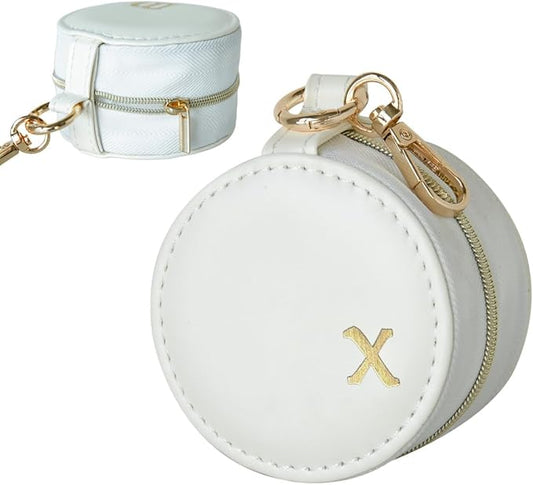 COLLECTIVE HOME - Monogrammed Letter Jewelry Case, Portable Travel Ring Holder Box with Keychain, Personalized Initial Organizer for Earrings Necklaces, Gift for Her (White-x)