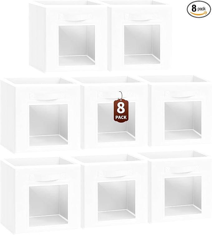 Homsorout Storage Cube 11 Inch - Cube Storage Bins with Window, Closet Storage Baskets with Handle, Fabric Bins for Closet, Shelves, Toys, Clothes, Set of 8, White